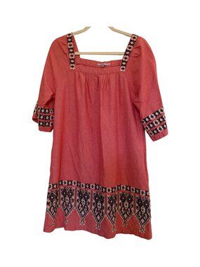 Calypso St. Barth Embroidered Square Neck Tunic Dress Bohemian Coral - Large